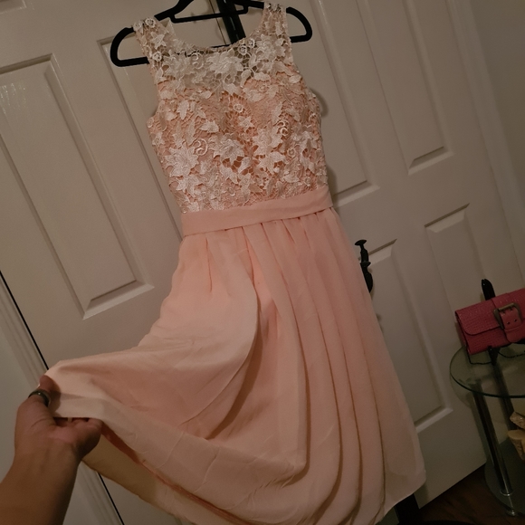 FORHER ANDFORHIM 8 Peach Embroidered Floral Lace Chest Formal Maxi Midi Dress - Picture 2 of 9